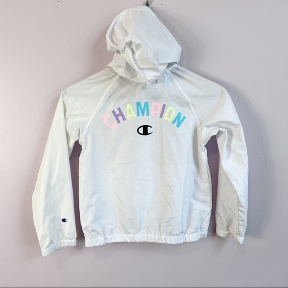 CHAMPION Girls White Hooded Logo Windbreaker Rain Jacket Pastel Logo Small - Picture 2 of 14